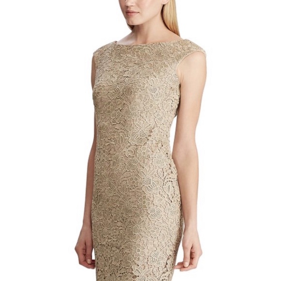 Lauren Ralph Lauren Champagne Lace Sheath Dress Gold Metallic 10 - Picture 4 of 14
